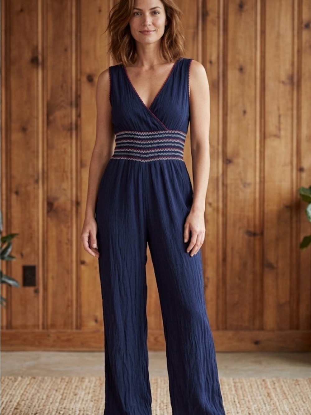Solitaire Navy V-Neck Wide-Leg Jumpsuit with Striped Smocked Waist